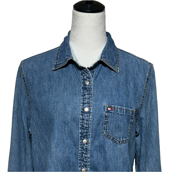 Vintage Tommy Hilfiger Shirt Womens 14 Blue Denim Jean Chambray Snap Y2K Western - Picture 5 of 9